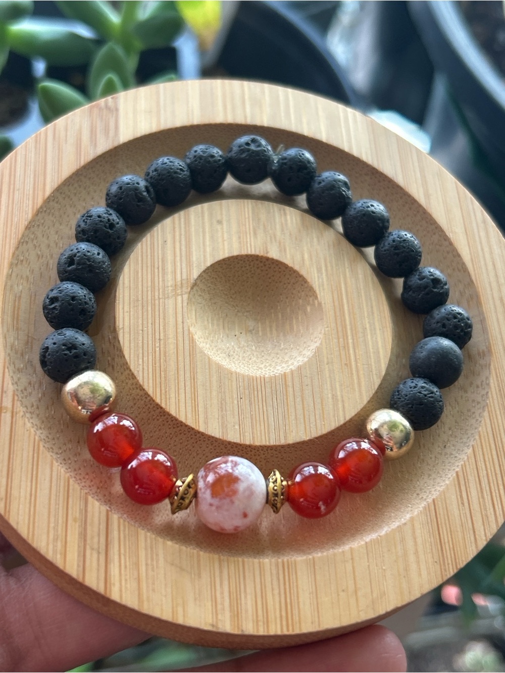 Handmade lava stone bracelet with red fire agate + carnelian + hematite beads